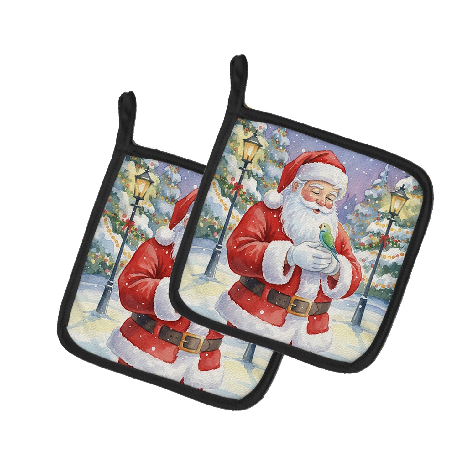 Parrotlet with Santa Claus Pot Holder Set of 2 Heat Resistant Quilted Hot Pads 7.5 x 7.5 Inch, Insulated Kitchen Trivets for Cooking & Baking