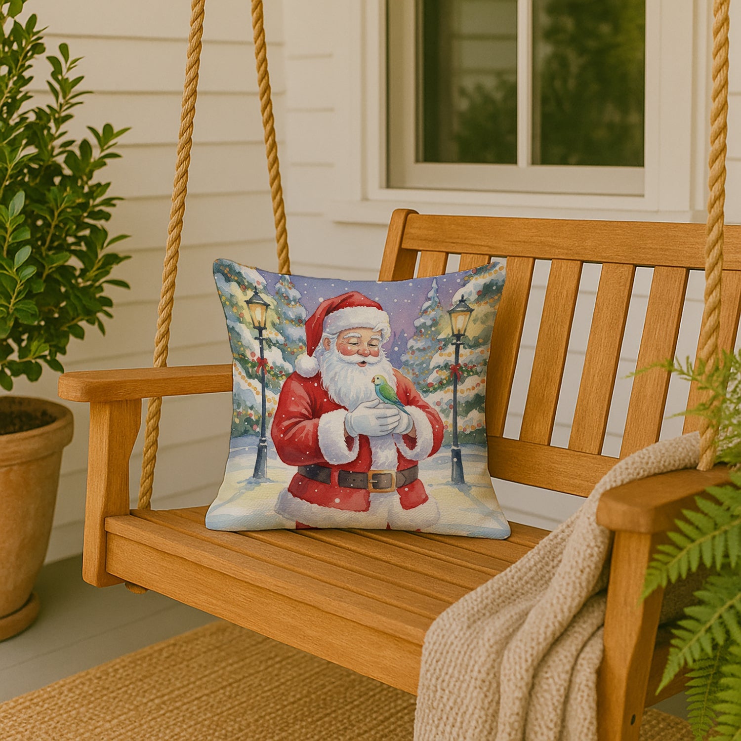 Parrotlet with Santa Claus Decorative Throw Pillow 18x18 Indoor Outdoor Accent Cushion, Fabric Cover with Insert for Sofa, Bed, Porch & Living Room