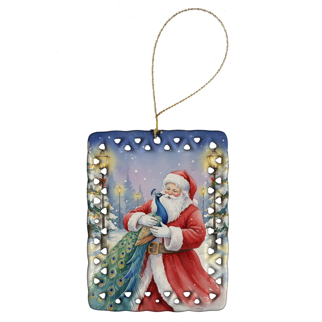 Peacock with Santa Claus Porcelain Ornament Christmas Tree Hanging Decorations for Home Christmas Holiday, Rectangle, Gift, Multicolor