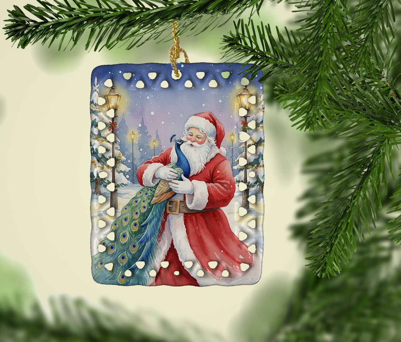 Peacock with Santa Claus Porcelain Ornament Christmas Tree Hanging Decorations for Home Christmas Holiday, Rectangle, Gift, Multicolor