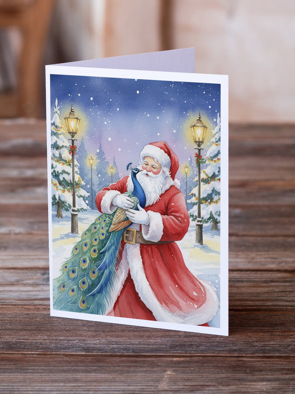 Peacock with Santa Claus Greeting Cards Pack of 8 Blank Cards with Envelopes Whimsical A7 Size 5x7