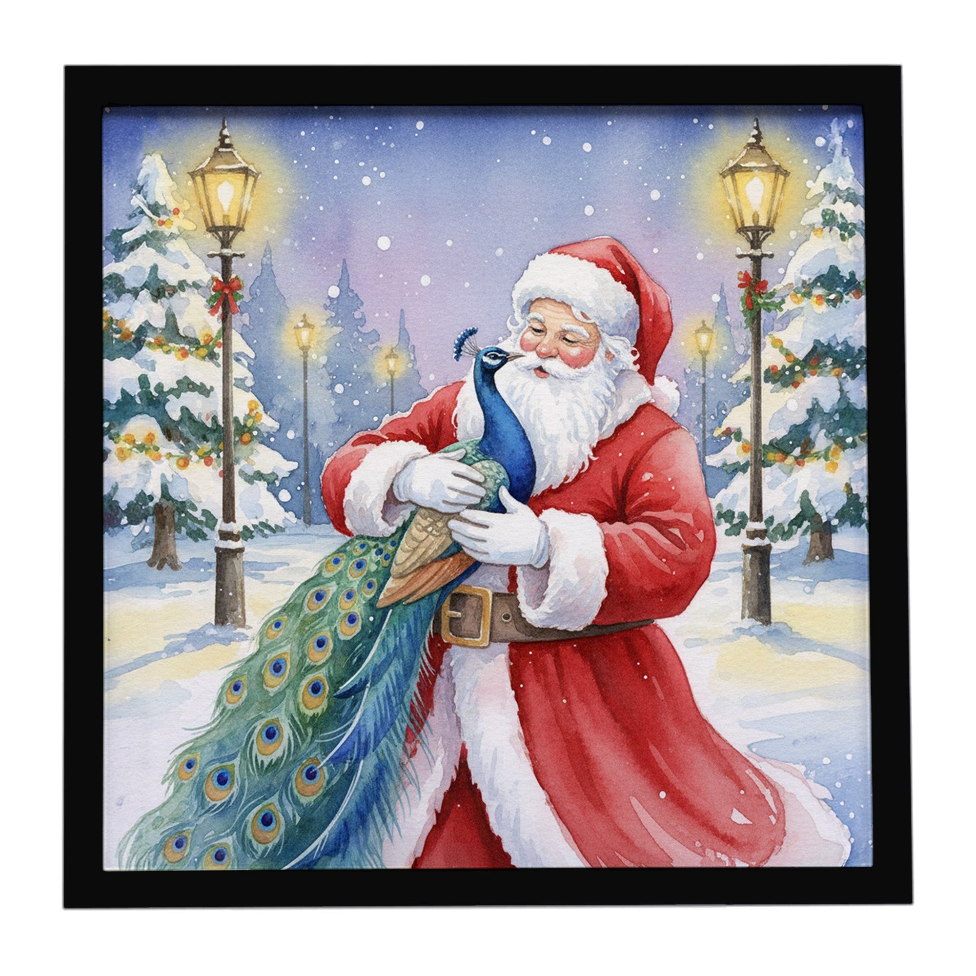 Peacock with Santa Claus Framed Metal Print Bathroom, Kitchen, Office, Home Decor Wall Art Ready to Hang, Square, 8X8