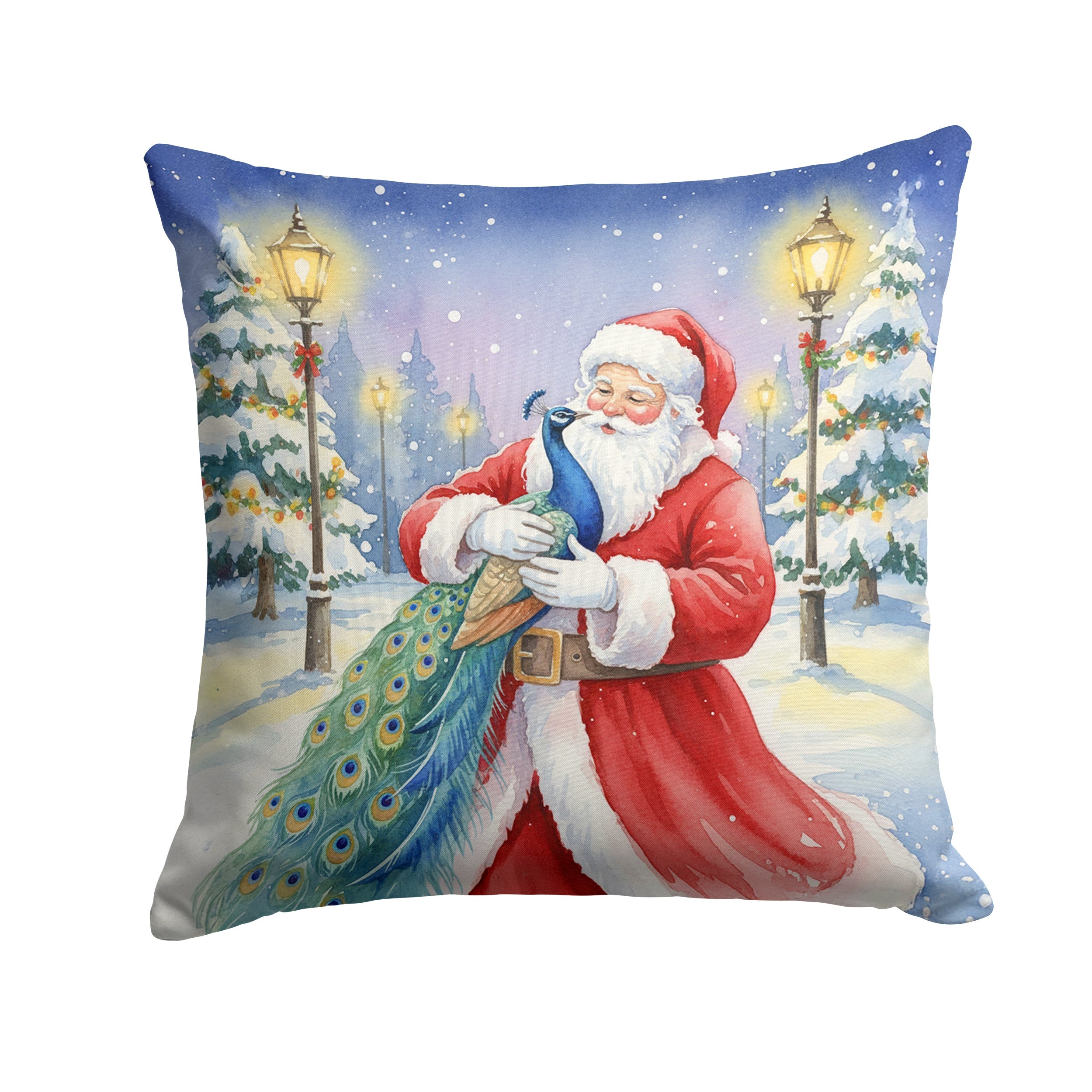 Peacock with Santa Claus Decorative Throw Pillow 14x14 Indoor Outdoor Accent Cushion, Fabric Cover with Insert for Sofa, Bed, Porch & Living Room