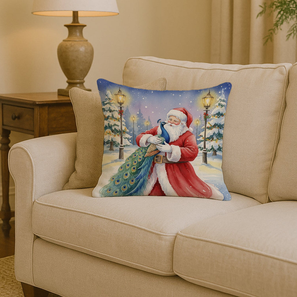 Peacock with Santa Claus Decorative Throw Pillow 14x14 Indoor Outdoor Accent Cushion, Fabric Cover with Insert for Sofa, Bed, Porch & Living Room