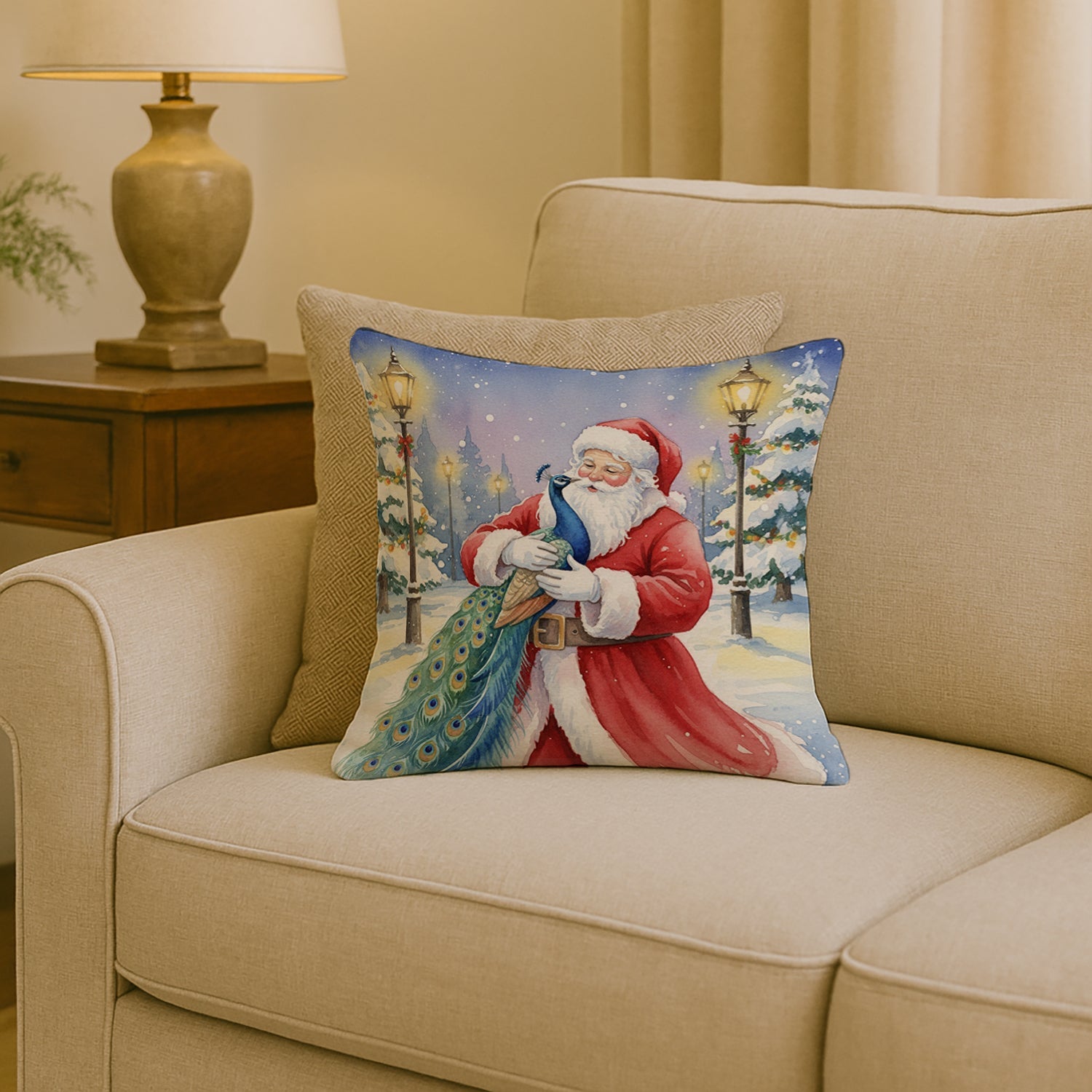 Peacock with Santa Claus Decorative Throw Pillow 18x18 Indoor Outdoor Accent Cushion, Fabric Cover with Insert for Sofa, Bed, Porch & Living Room