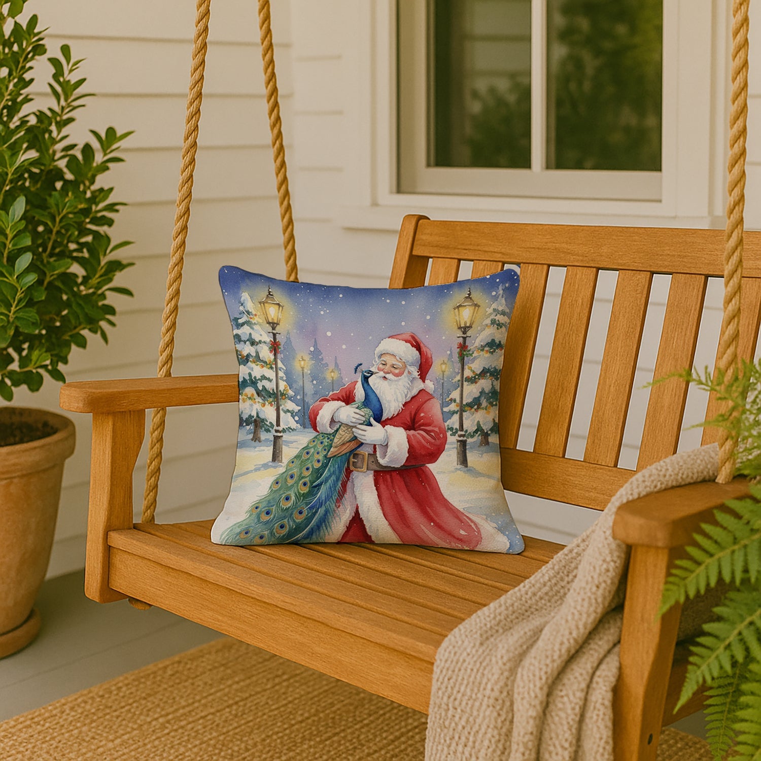 Peacock with Santa Claus Decorative Throw Pillow 18x18 Indoor Outdoor Accent Cushion, Fabric Cover with Insert for Sofa, Bed, Porch & Living Room