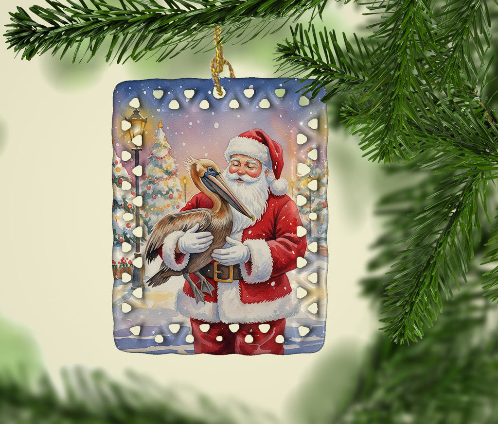 Pelican with Santa Claus Porcelain Ornament Christmas Tree Hanging Decorations for Home Christmas Holiday, Rectangle, Gift, Multicolor