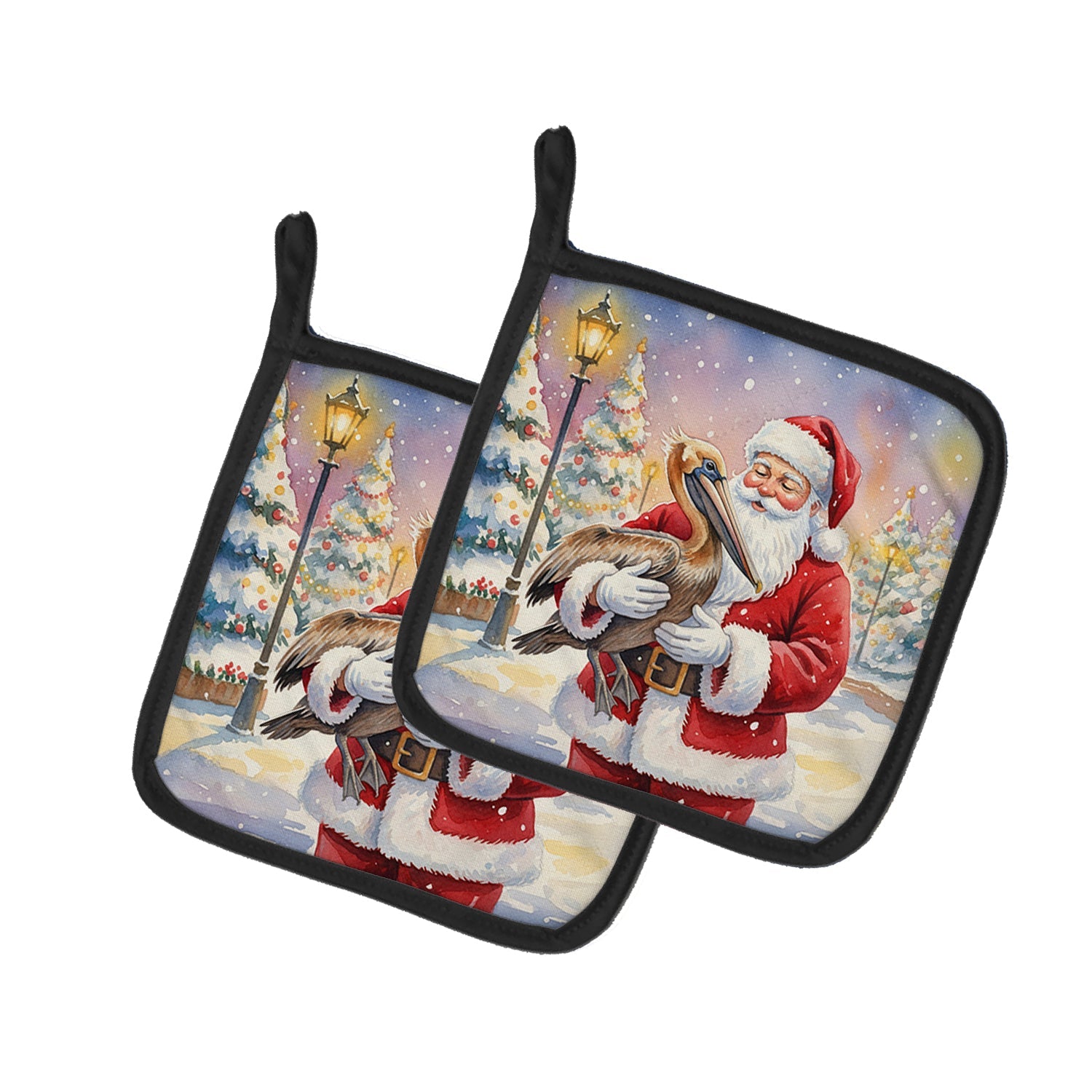 Pelican with Santa Claus Pot Holder Set of 2 Heat Resistant Quilted Hot Pads 7.5 x 7.5 Inch, Insulated Kitchen Trivets for Cooking & Baking