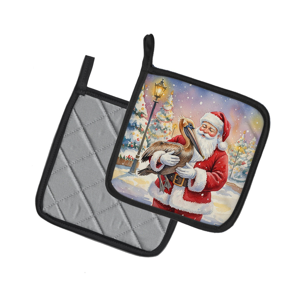 Pelican with Santa Claus Pot Holder Set of 2 Heat Resistant Quilted Hot Pads 7.5 x 7.5 Inch, Insulated Kitchen Trivets for Cooking & Baking