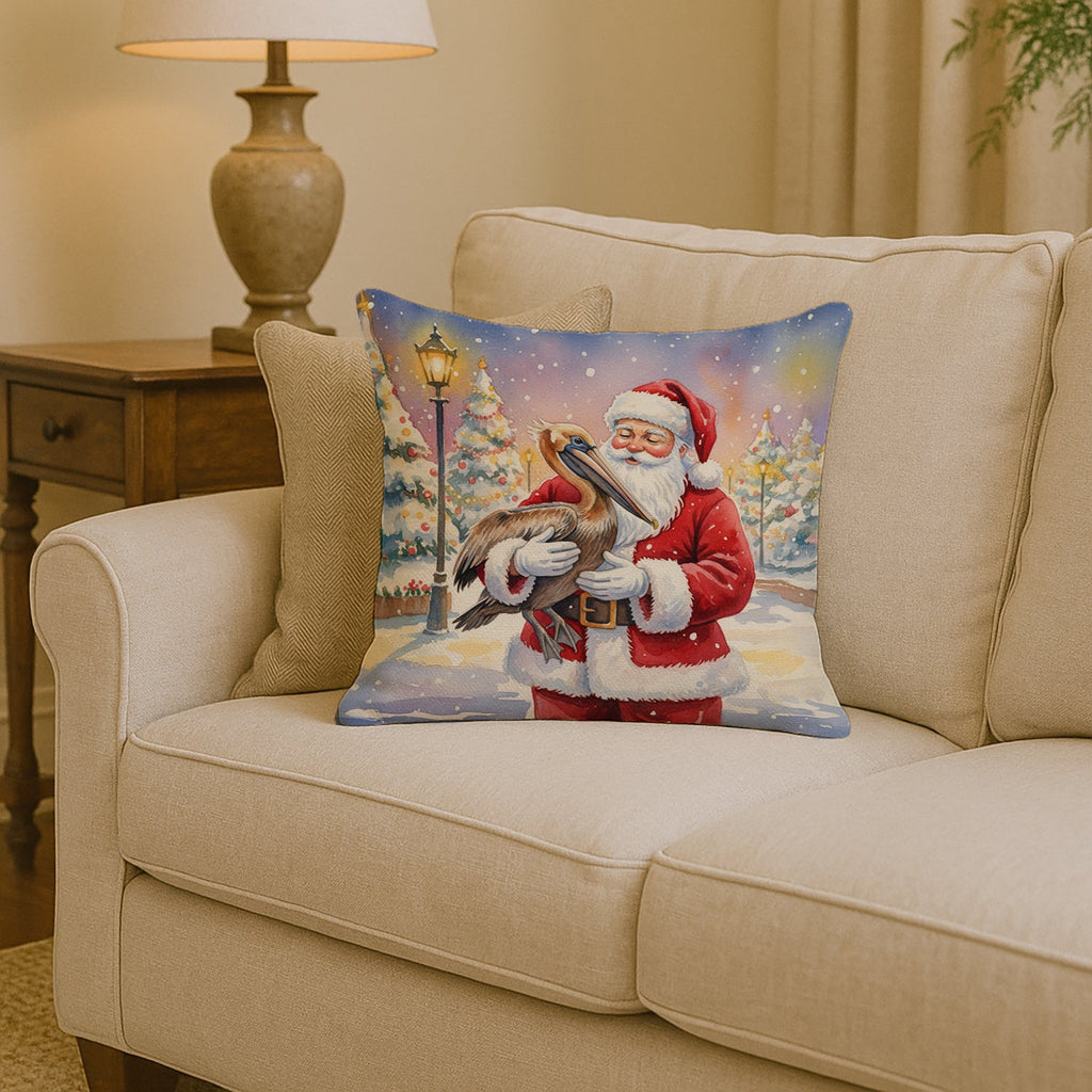 Pelican with Santa Claus Decorative Throw Pillow 14x14 Indoor Outdoor Accent Cushion, Fabric Cover with Insert for Sofa, Bed, Porch & Living Room