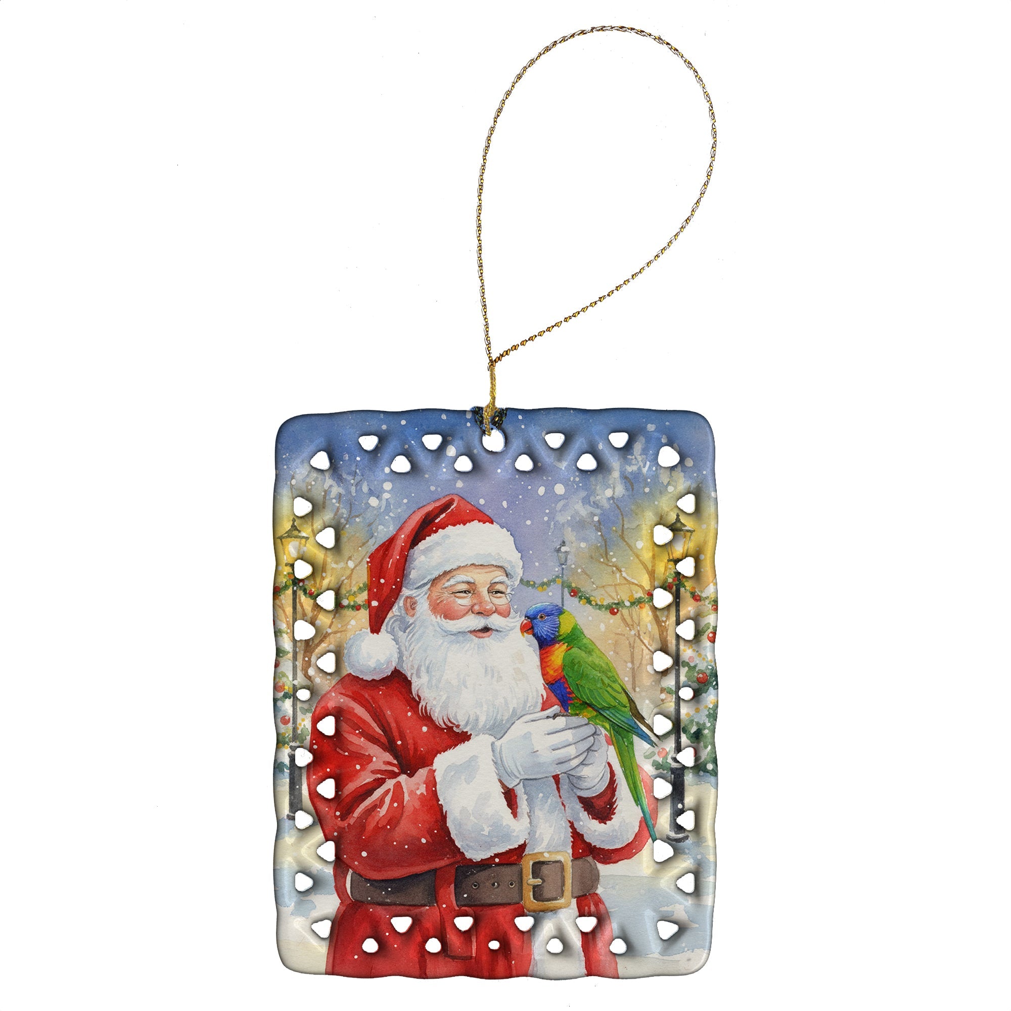 Rainbow Lorikeet with Santa Claus Porcelain Ornament Christmas Tree Hanging Decorations for Home Christmas Holiday, Rectangle, Gift, Multicolor