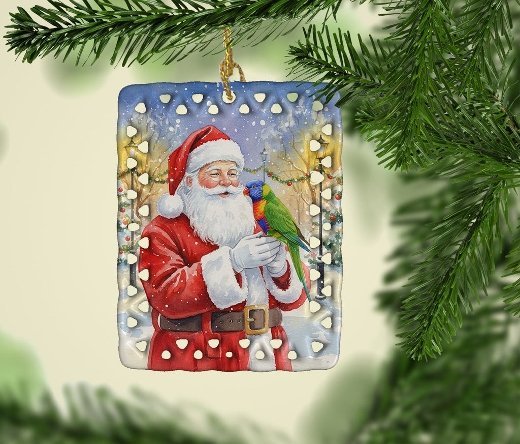 Rainbow Lorikeet with Santa Claus Porcelain Ornament Christmas Tree Hanging Decorations for Home Christmas Holiday, Rectangle, Gift, Multicolor