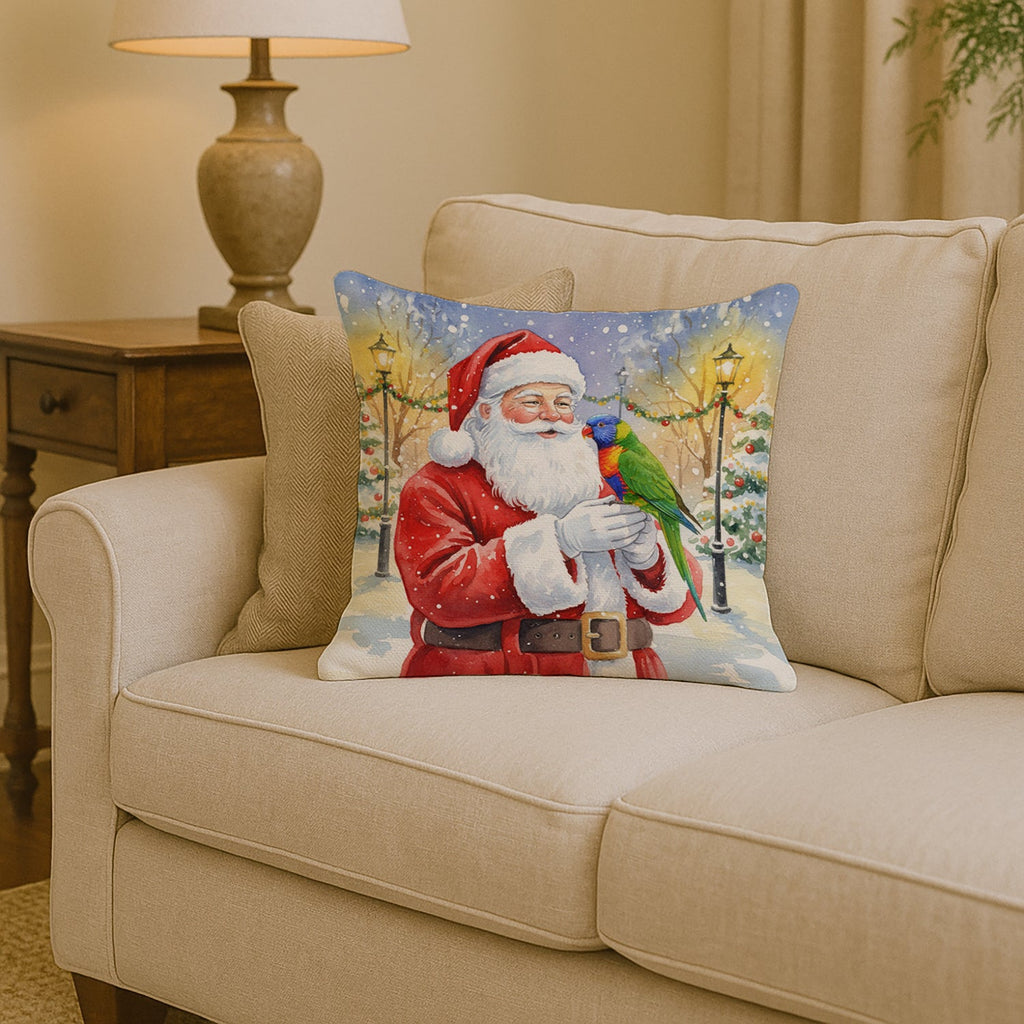 Rainbow Lorikeet with Santa Claus Decorative Throw Pillow 14x14 Indoor Outdoor Accent Cushion, Fabric Cover with Insert for Sofa, Bed, Porch & Living Room