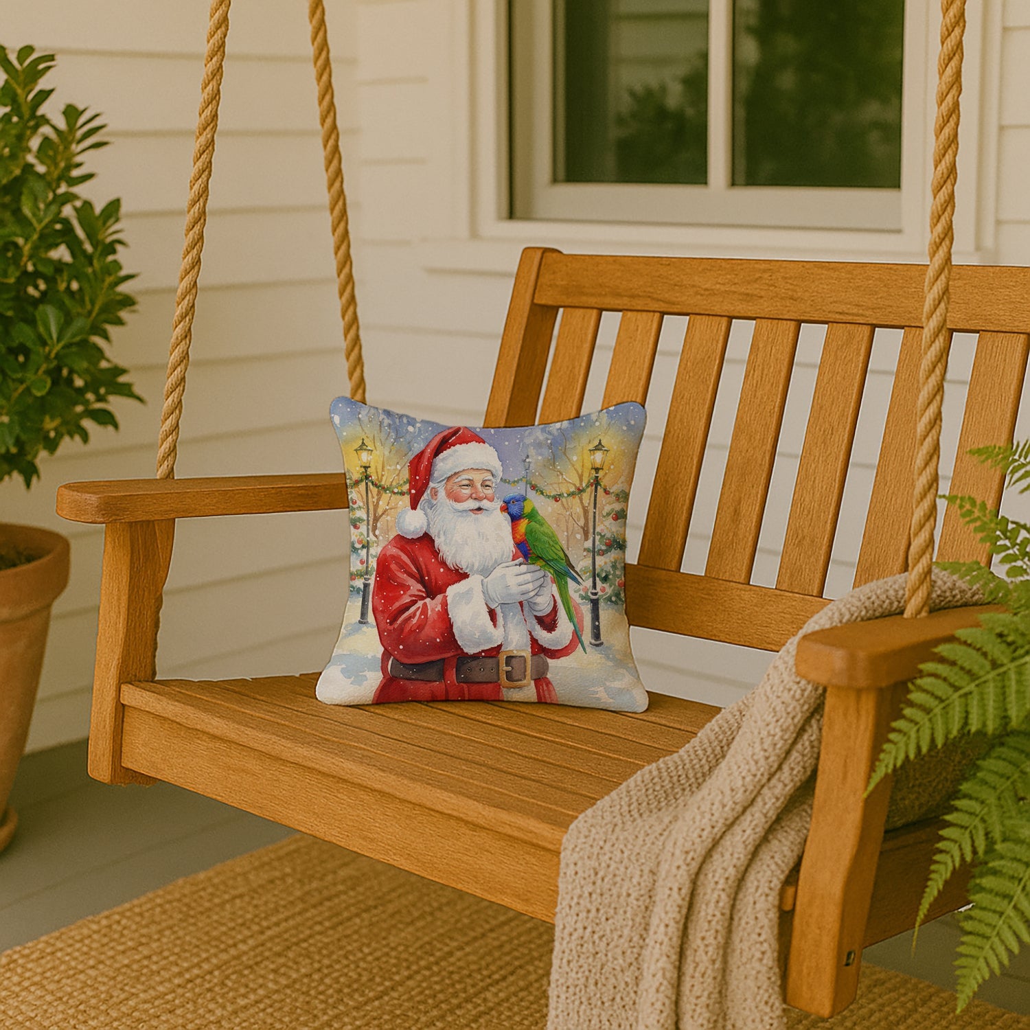 Rainbow Lorikeet with Santa Claus Decorative Throw Pillow 14x14 Indoor Outdoor Accent Cushion, Fabric Cover with Insert for Sofa, Bed, Porch & Living Room