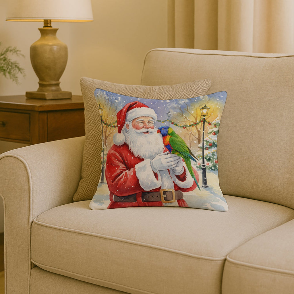 Rainbow Lorikeet with Santa Claus Decorative Throw Pillow 18x18 Indoor Outdoor Accent Cushion, Fabric Cover with Insert for Sofa, Bed, Porch & Living Room