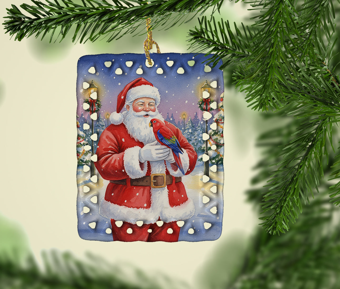 Red Lory with Santa Claus Porcelain Ornament Christmas Tree Hanging Decorations for Home Christmas Holiday, Rectangle, Gift, Multicolor