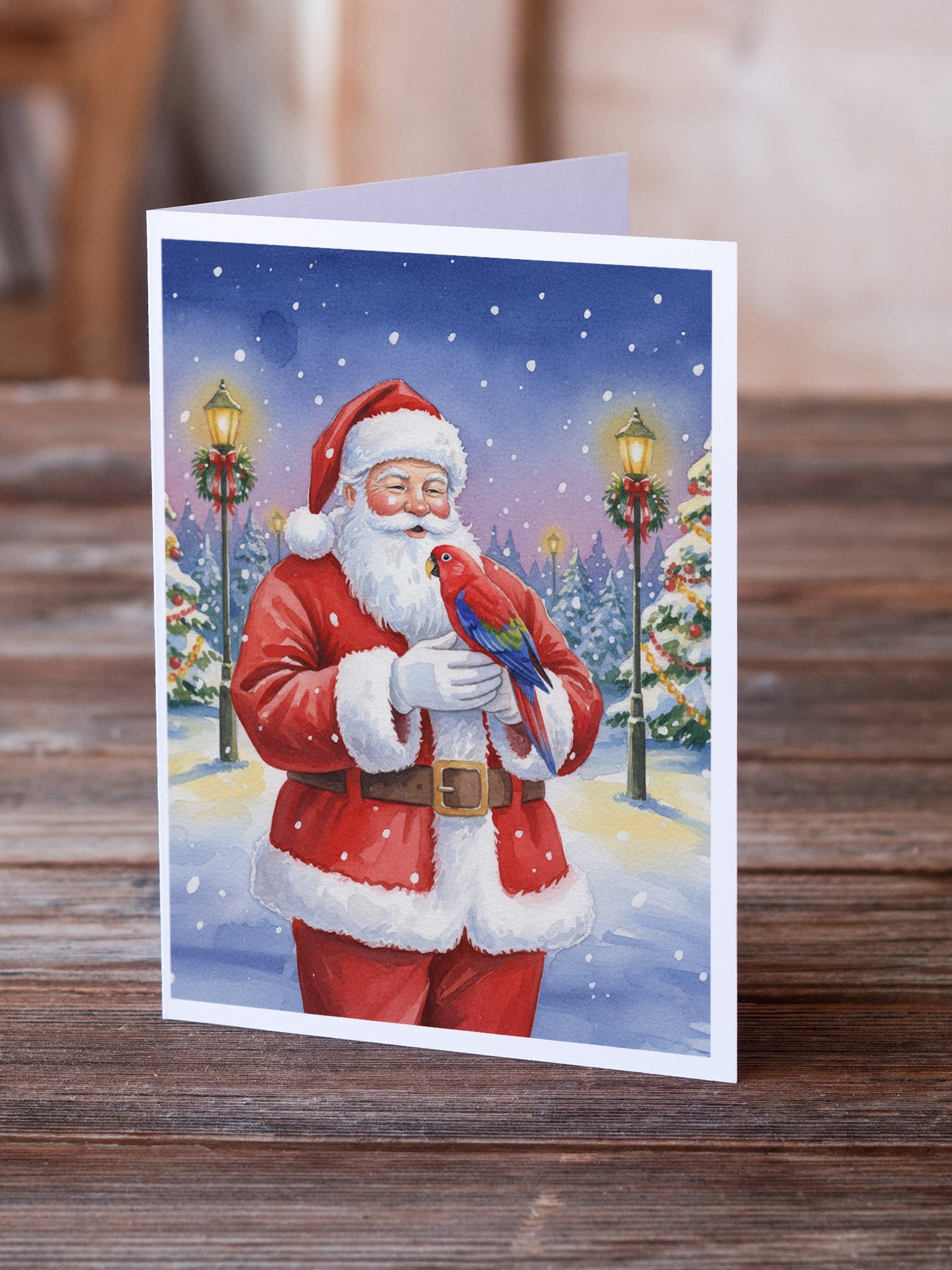 Red Lory with Santa Claus Greeting Cards Pack of 8 Blank Cards with Envelopes Whimsical A7 Size 5x7