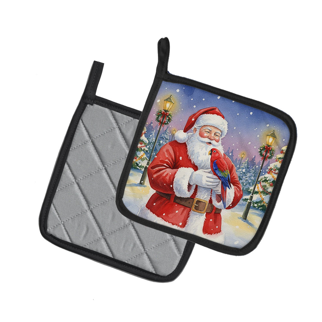 Red Lory with Santa Claus Pot Holder Set of 2 Heat Resistant Quilted Hot Pads 7.5 x 7.5 Inch, Insulated Kitchen Trivets for Cooking & Baking