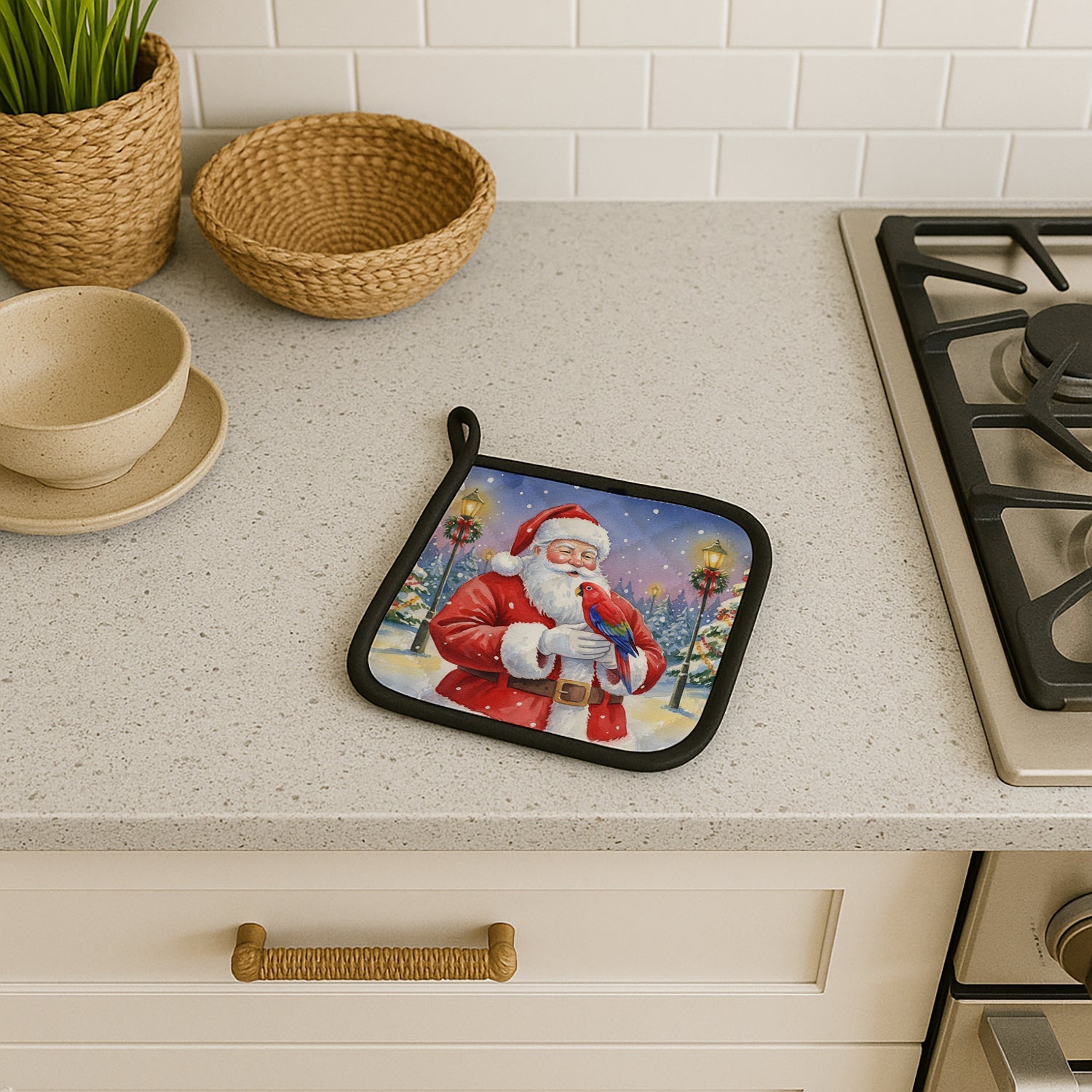 Red Lory with Santa Claus Pot Holder Set of 2 Heat Resistant Quilted Hot Pads 7.5 x 7.5 Inch, Insulated Kitchen Trivets for Cooking & Baking
