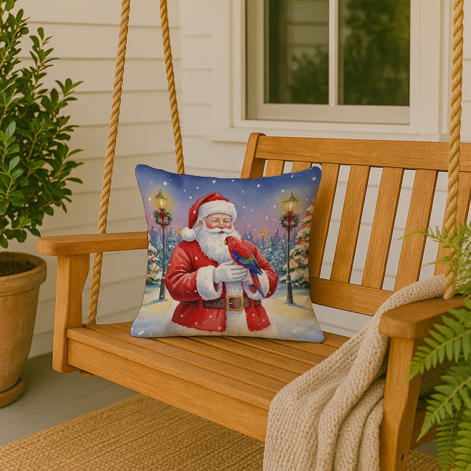 Red Lory with Santa Claus Decorative Throw Pillow 18x18 Indoor Outdoor Accent Cushion, Fabric Cover with Insert for Sofa, Bed, Porch & Living Room