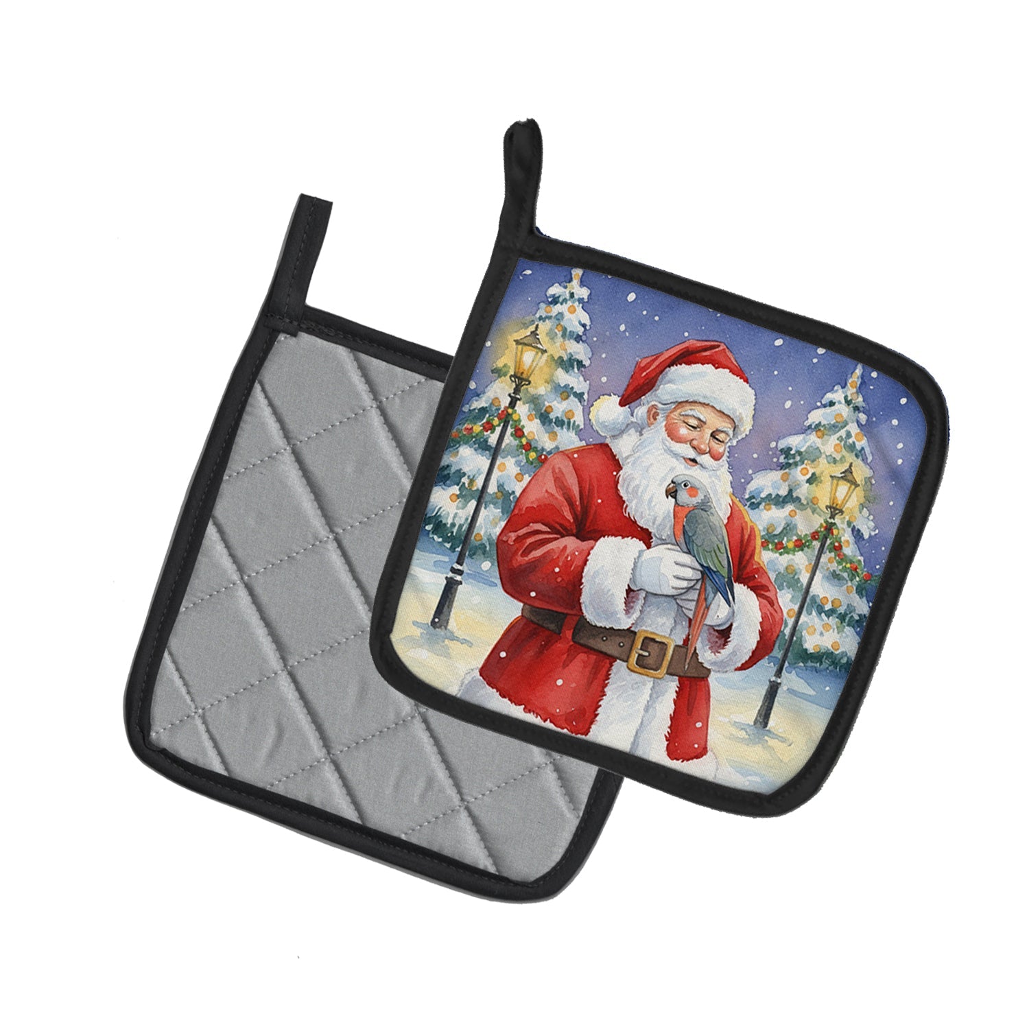 Red Bellied Parrot with Santa Claus Pot Holder Set of 2 Heat Resistant Quilted Hot Pads 7.5 x 7.5 Inch, Insulated Kitchen Trivets for Cooking & Baking
