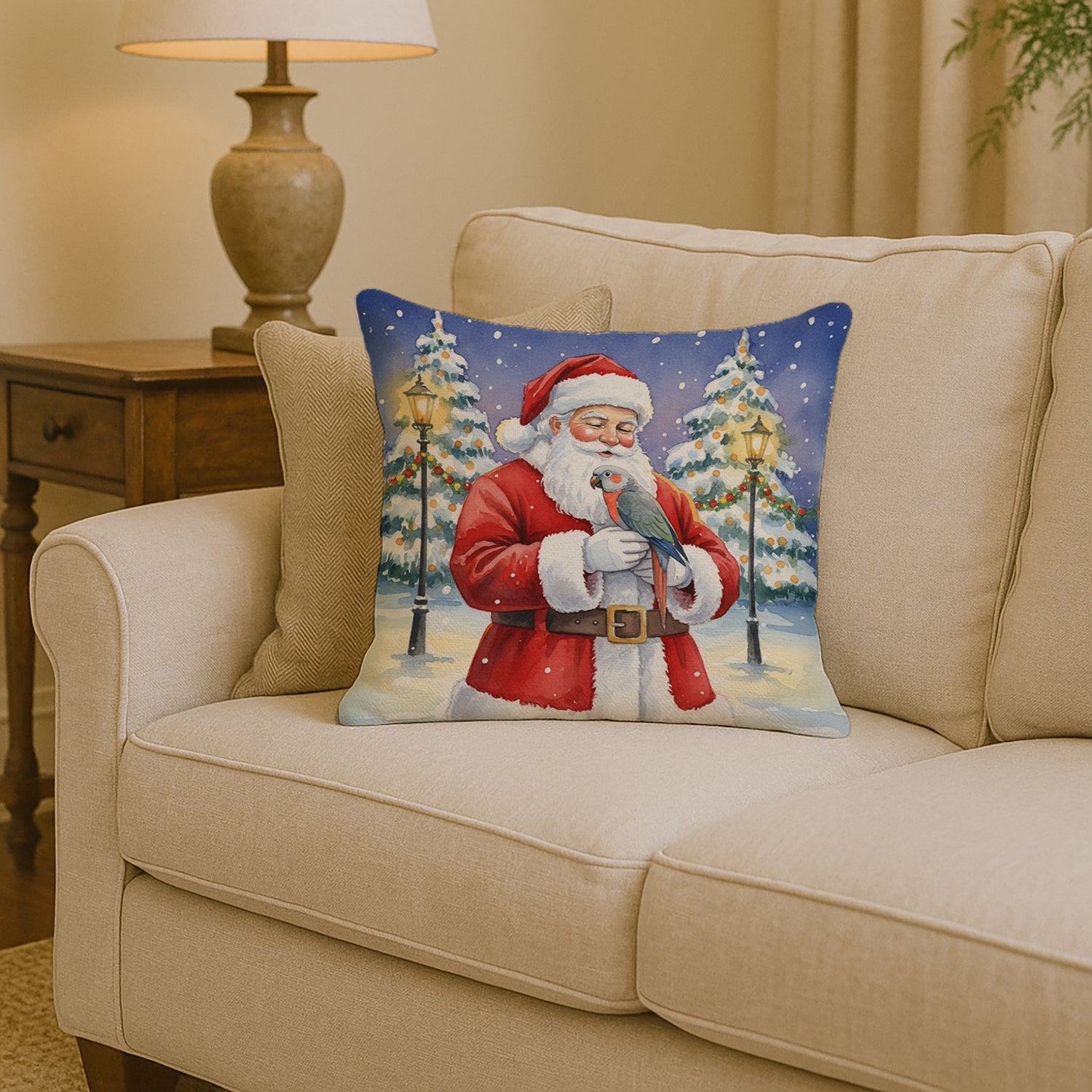 Red Bellied Parrot with Santa Claus Decorative Throw Pillow 14x14 Indoor Outdoor Accent Cushion, Fabric Cover with Insert for Sofa, Bed, Porch & Living Room