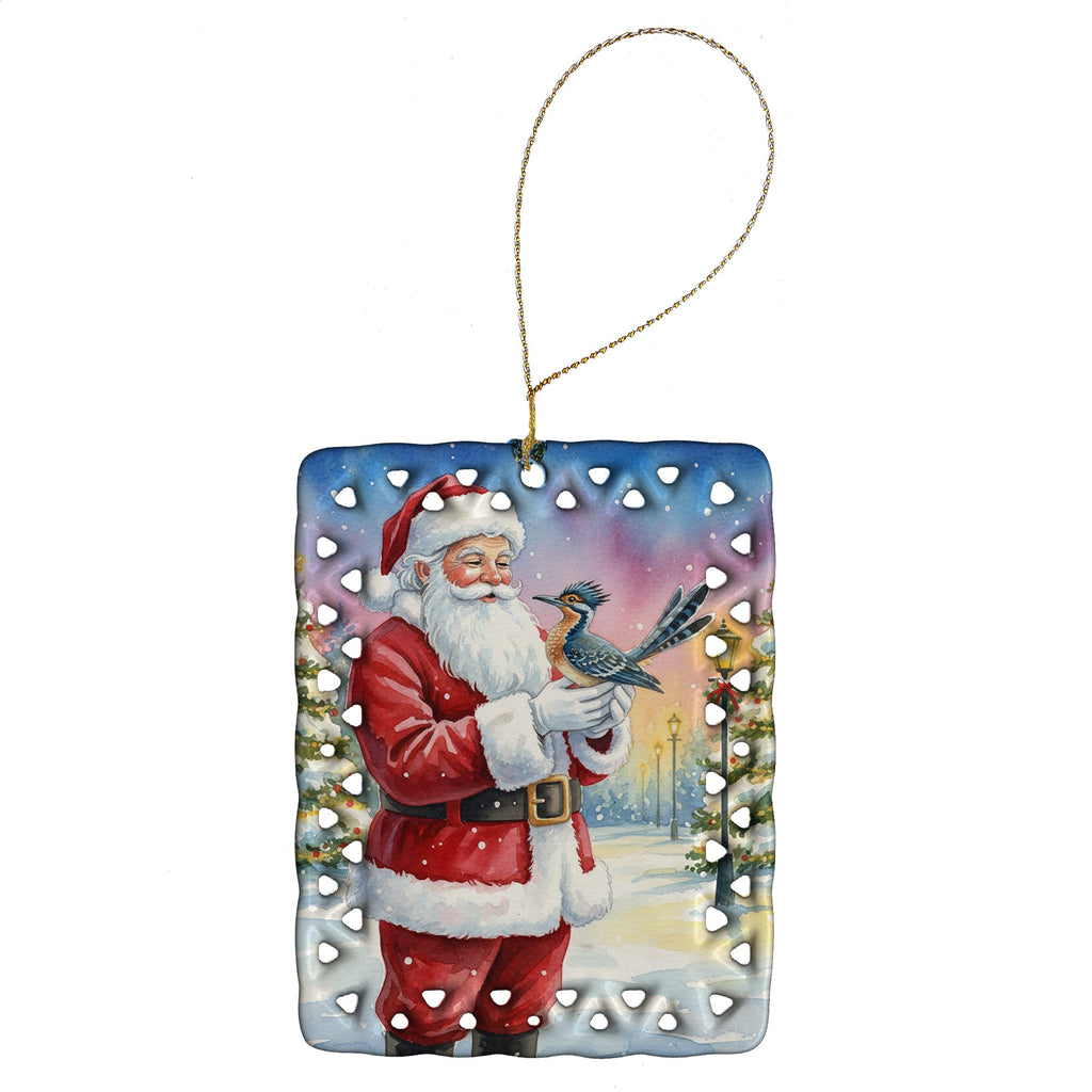 Roadrunner with Santa Claus Porcelain Ornament Christmas Tree Hanging Decorations for Home Christmas Holiday, Rectangle, Gift, Multicolor