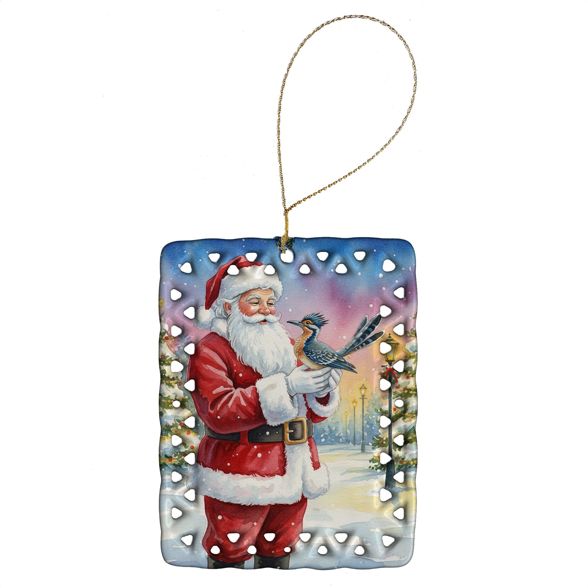Roadrunner with Santa Claus Porcelain Ornament Christmas Tree Hanging Decorations for Home Christmas Holiday, Rectangle, Gift, Multicolor