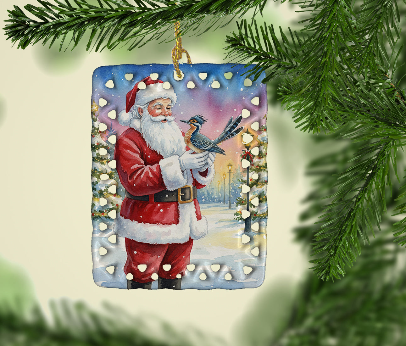 Roadrunner with Santa Claus Porcelain Ornament Christmas Tree Hanging Decorations for Home Christmas Holiday, Rectangle, Gift, Multicolor