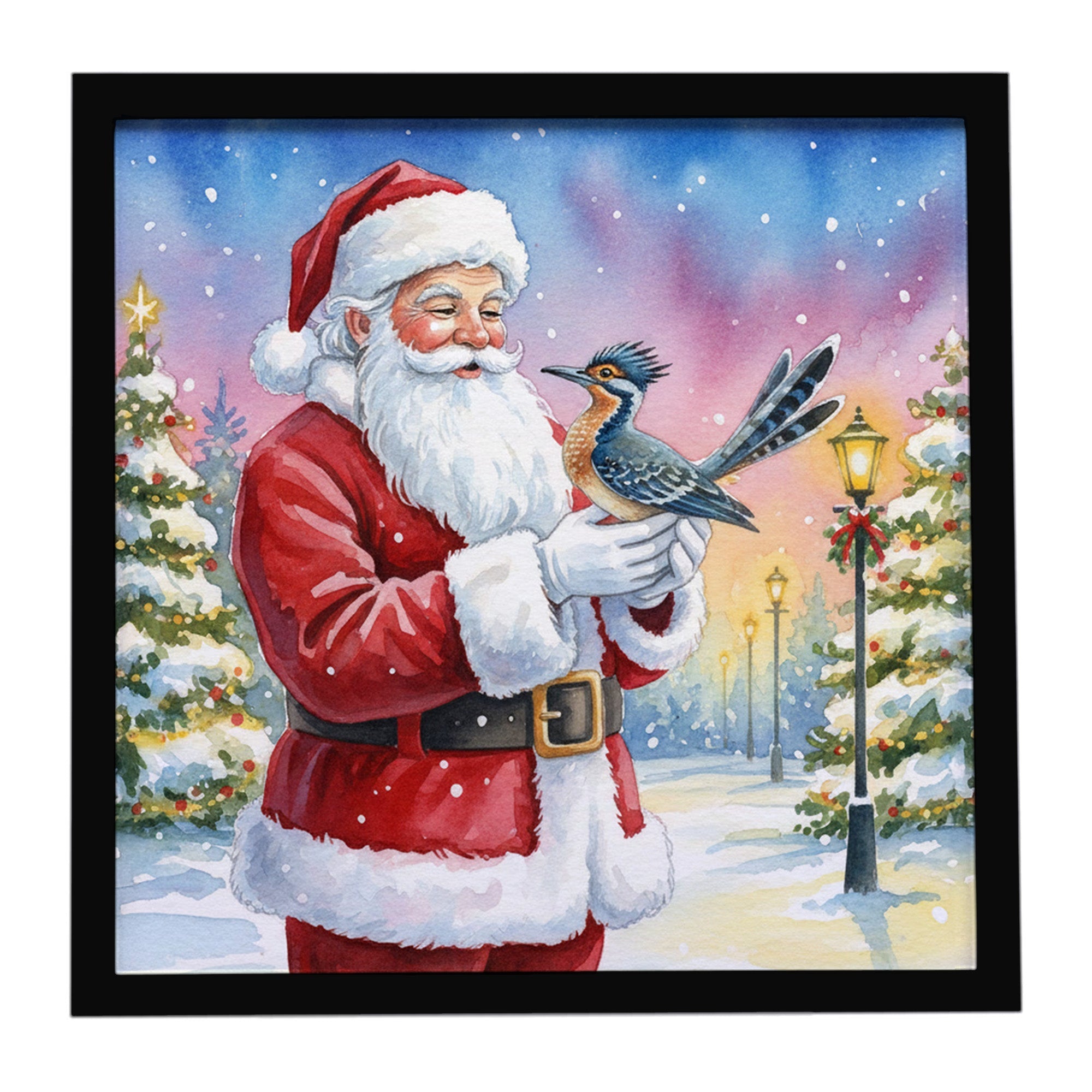 Roadrunner with Santa Claus Framed Metal Print Bathroom, Kitchen, Office, Home Decor Wall Art Ready to Hang, Square, 8X8