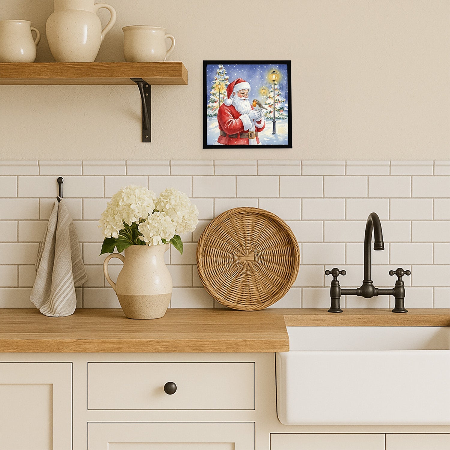 Robin with Santa Claus Framed Metal Print Bathroom, Kitchen, Office, Home Decor Wall Art Ready to Hang, Square, 8X8
