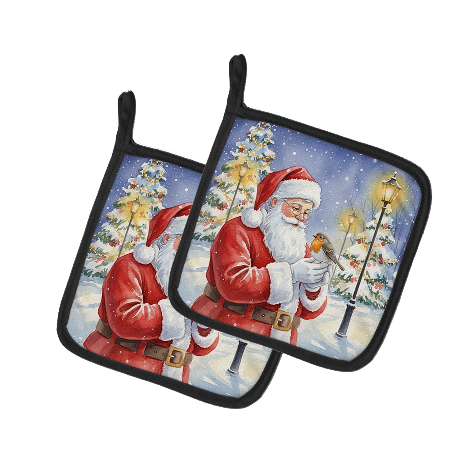Robin with Santa Claus Pot Holder Set of 2 Heat Resistant Quilted Hot Pads 7.5 x 7.5 Inch, Insulated Kitchen Trivets for Cooking & Baking