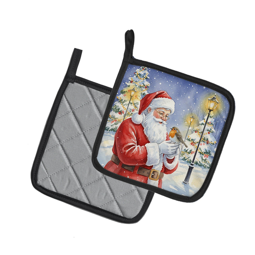 Robin with Santa Claus Pot Holder Set of 2 Heat Resistant Quilted Hot Pads 7.5 x 7.5 Inch, Insulated Kitchen Trivets for Cooking & Baking