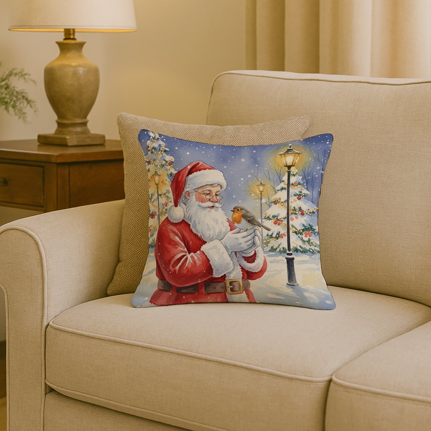 Robin with Santa Claus Decorative Throw Pillow 18x18 Indoor Outdoor Accent Cushion, Fabric Cover with Insert for Sofa, Bed, Porch & Living Room