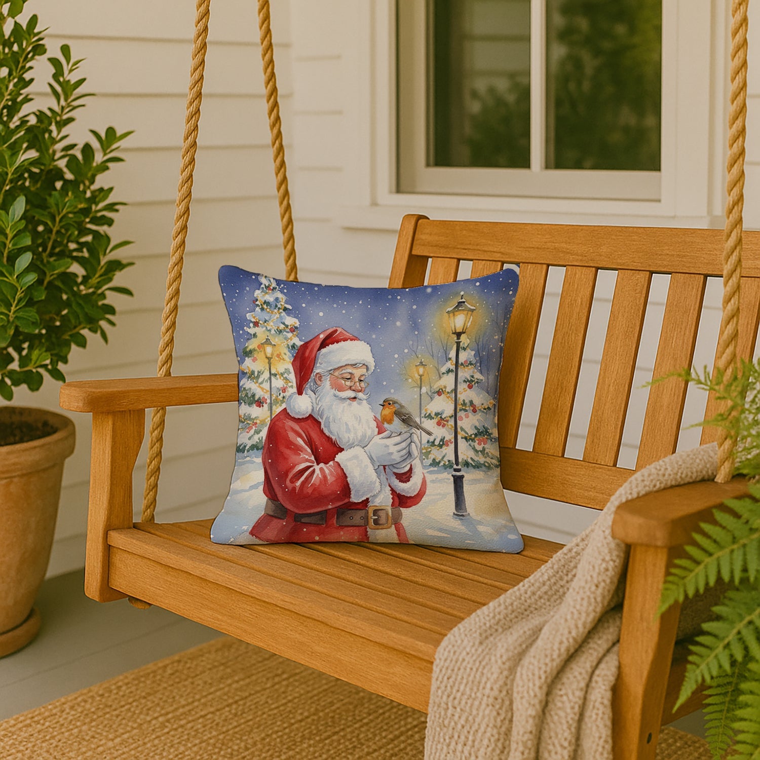 Robin with Santa Claus Decorative Throw Pillow 18x18 Indoor Outdoor Accent Cushion, Fabric Cover with Insert for Sofa, Bed, Porch & Living Room