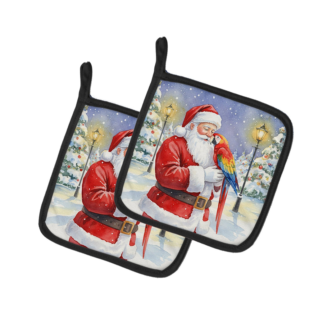 Scarlet Macaw with Santa Claus Pot Holder Set of 2 Heat Resistant Quilted Hot Pads 7.5 x 7.5 Inch, Insulated Kitchen Trivets for Cooking & Baking