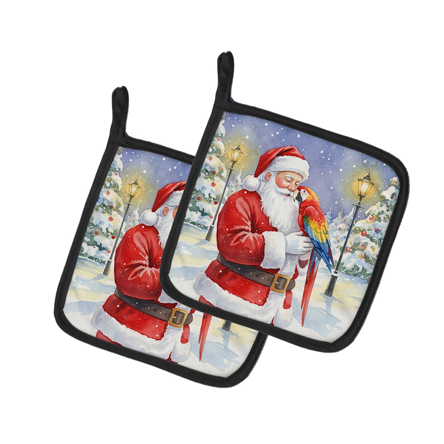 Scarlet Macaw with Santa Claus Pot Holder Set of 2 Heat Resistant Quilted Hot Pads 7.5 x 7.5 Inch, Insulated Kitchen Trivets for Cooking & Baking