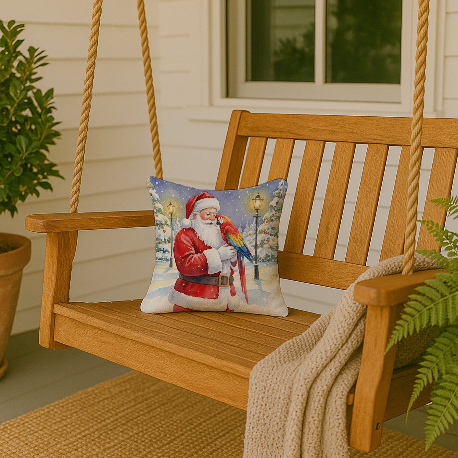 Scarlet Macaw with Santa Claus Decorative Throw Pillow 14x14 Indoor Outdoor Accent Cushion, Fabric Cover with Insert for Sofa, Bed, Porch & Living Room