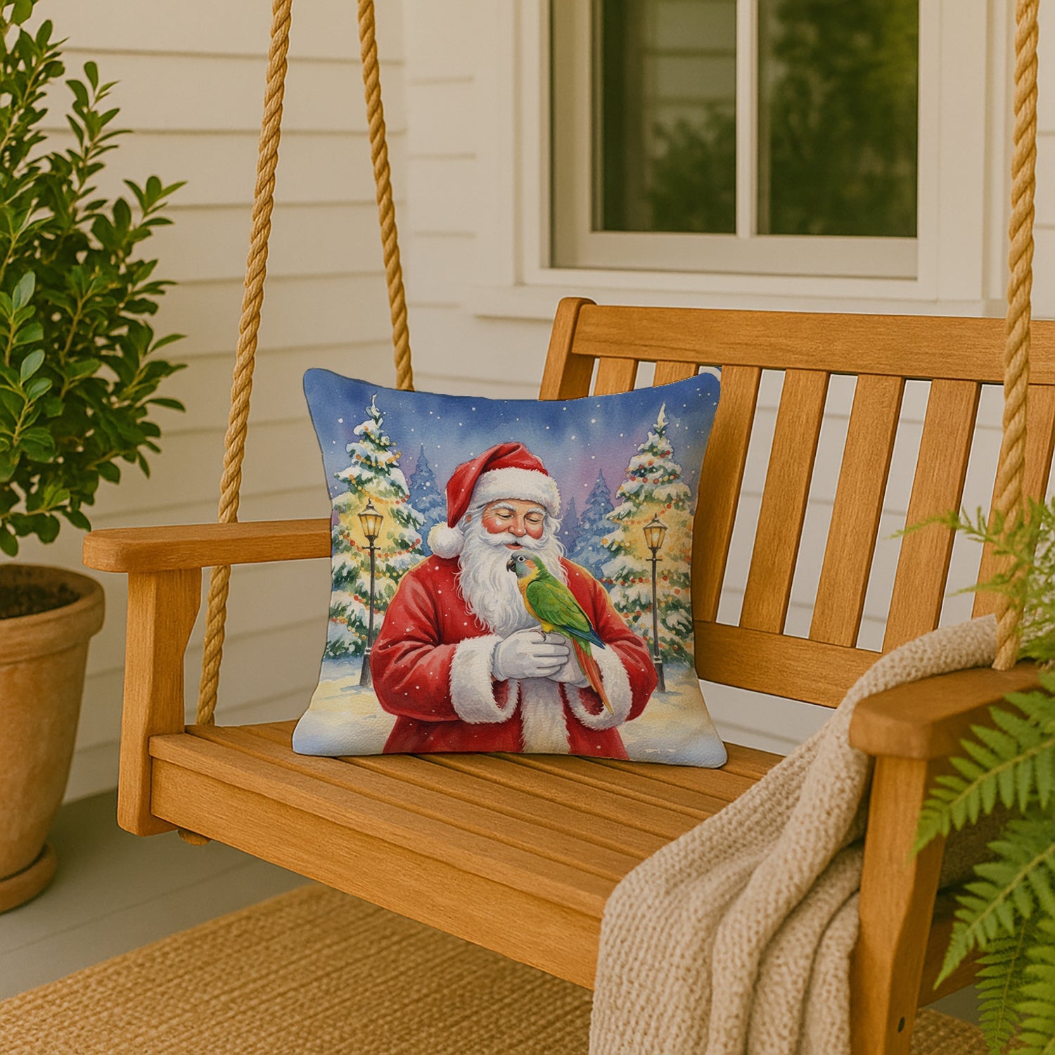 Senegal Parrot with Santa Claus Decorative Throw Pillow 18x18 Indoor Outdoor Accent Cushion, Fabric Cover with Insert for Sofa, Bed, Porch & Living Room