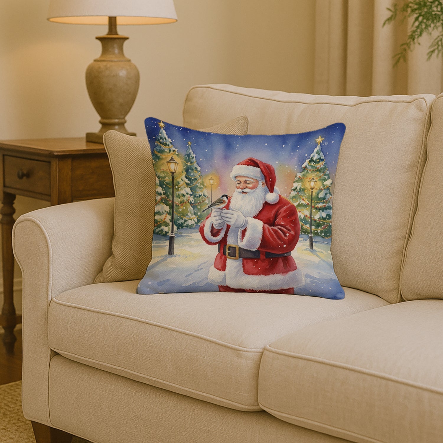 Society Finch with Santa Claus Decorative Throw Pillow 14x14 Indoor Outdoor Accent Cushion, Fabric Cover with Insert for Sofa, Bed, Porch & Living Room