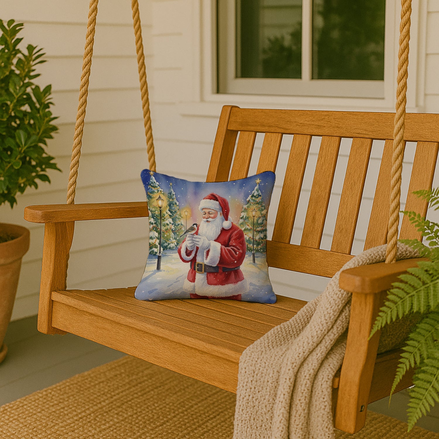 Society Finch with Santa Claus Decorative Throw Pillow 14x14 Indoor Outdoor Accent Cushion, Fabric Cover with Insert for Sofa, Bed, Porch & Living Room