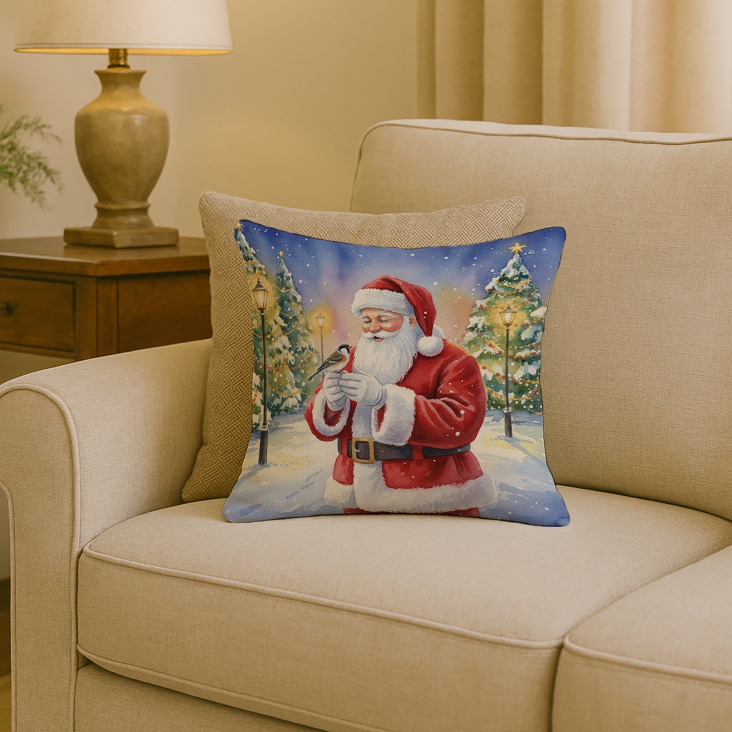 Society Finch with Santa Claus Decorative Throw Pillow 18x18 Indoor Outdoor Accent Cushion, Fabric Cover with Insert for Sofa, Bed, Porch & Living Room