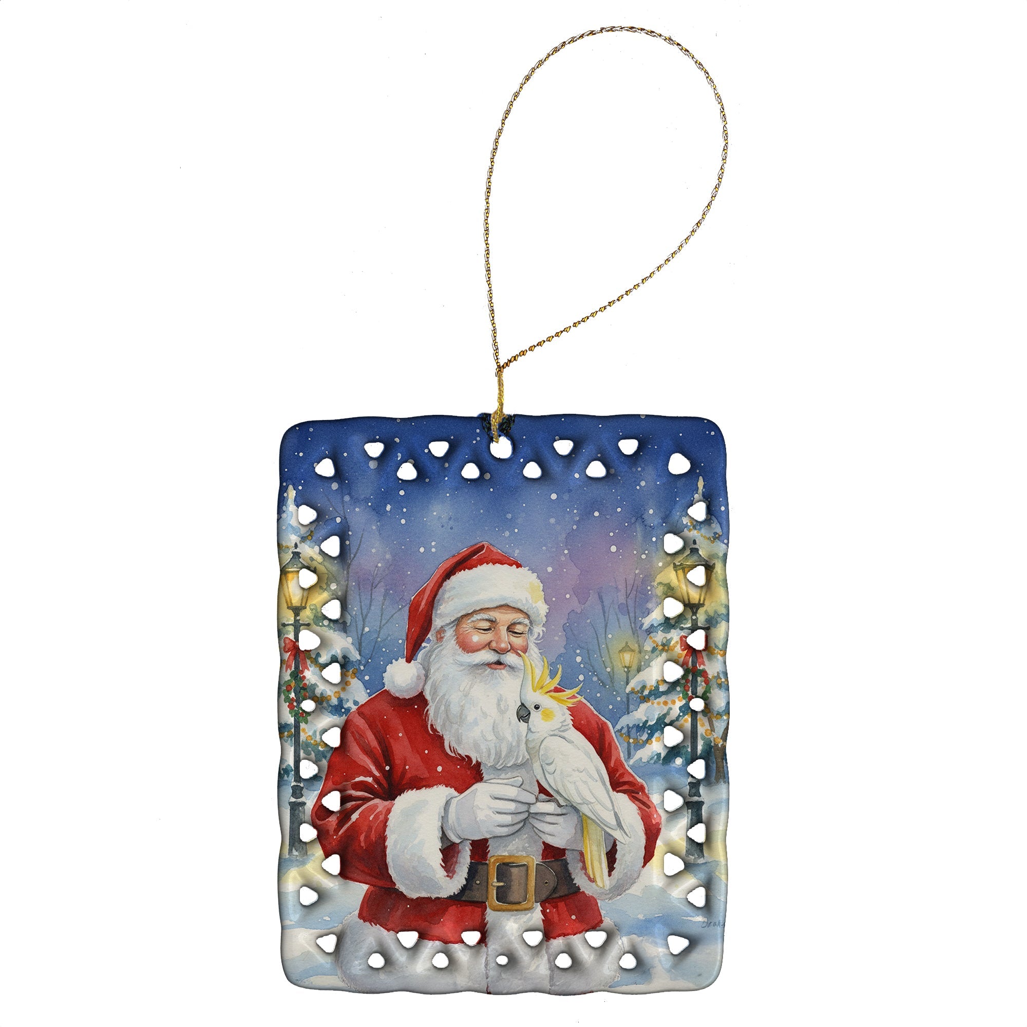 Sulphur Crested Cockatoo with Santa Claus Porcelain Ornament Christmas Tree Hanging Decorations for Home Christmas Holiday, Rectangle, Gift, Multicolor