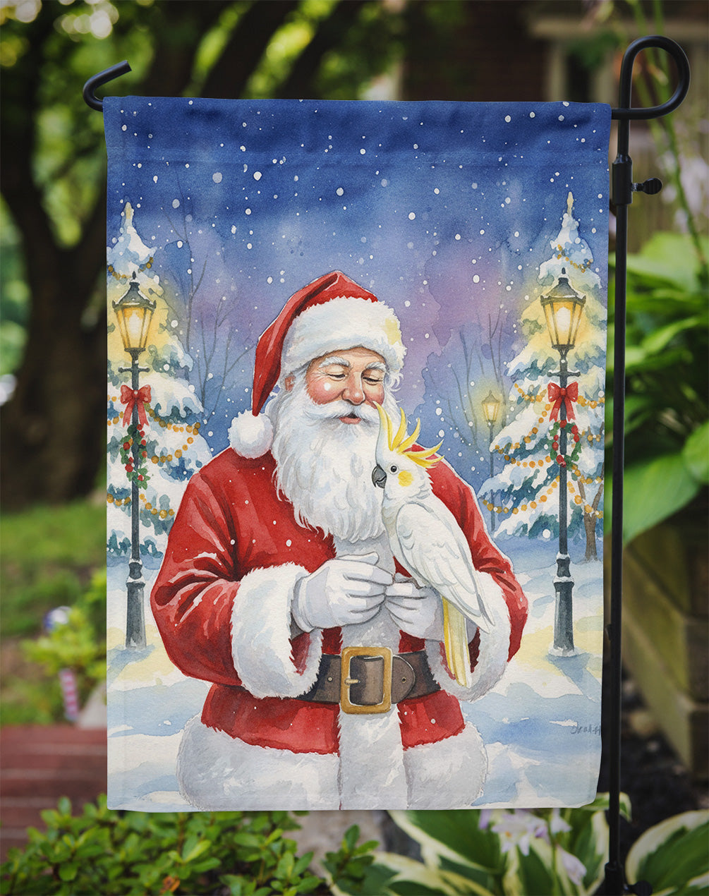 Sulphur Crested Cockatoo with Santa Claus Garden Flag Mailbox Decorative Yard Banner Outside Patio Artwork for Flower Beds, Garden Size, Multicolor
