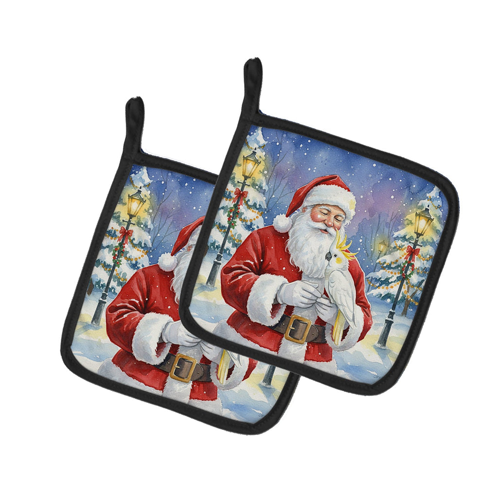 Sulphur Crested Cockatoo with Santa Claus Pot Holder Set of 2 Heat Resistant Quilted Hot Pads 7.5 x 7.5 Inch, Insulated Kitchen Trivets for Cooking & Baking