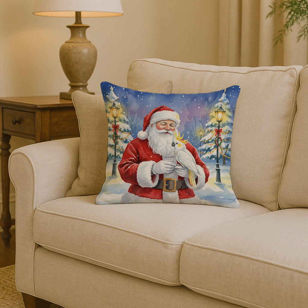 Sulphur Crested Cockatoo with Santa Claus Decorative Throw Pillow 14x14 Indoor Outdoor Accent Cushion, Fabric Cover with Insert for Sofa, Bed, Porch & Living Room
