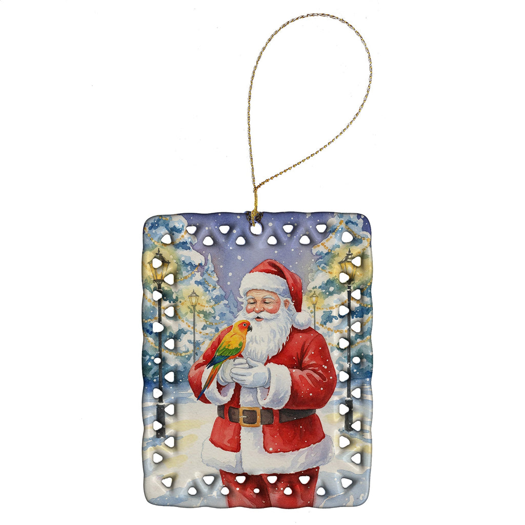 Sun Conure with Santa Claus Porcelain Ornament Christmas Tree Hanging Decorations for Home Christmas Holiday, Rectangle, Gift, Multicolor