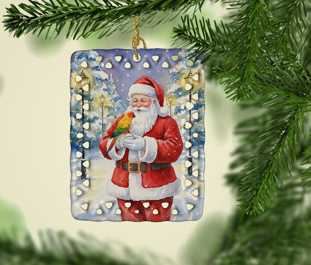 Sun Conure with Santa Claus Porcelain Ornament Christmas Tree Hanging Decorations for Home Christmas Holiday, Rectangle, Gift, Multicolor