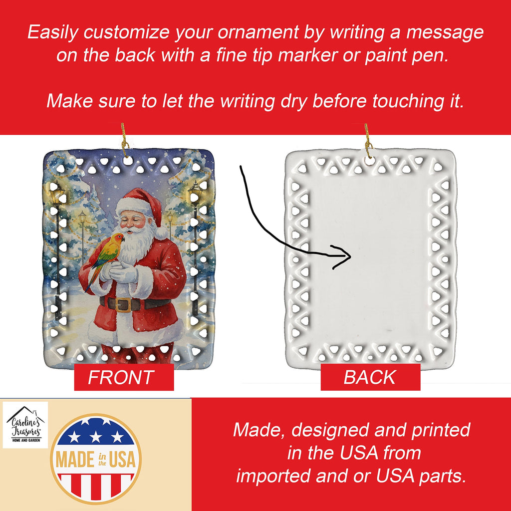 Sun Conure with Santa Claus Porcelain Ornament Christmas Tree Hanging Decorations for Home Christmas Holiday, Rectangle, Gift, Multicolor