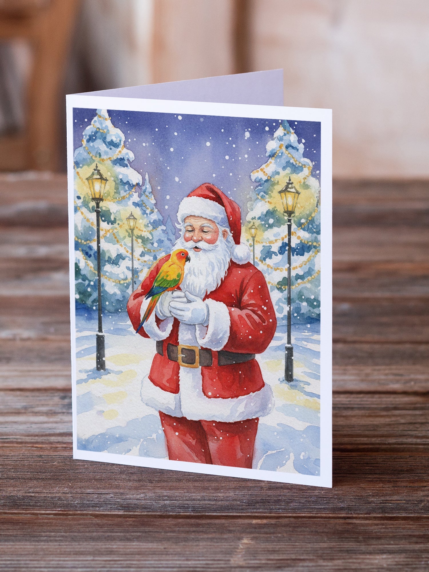 Sun Conure with Santa Claus Greeting Cards Pack of 8 Blank Cards with Envelopes Whimsical A7 Size 5x7